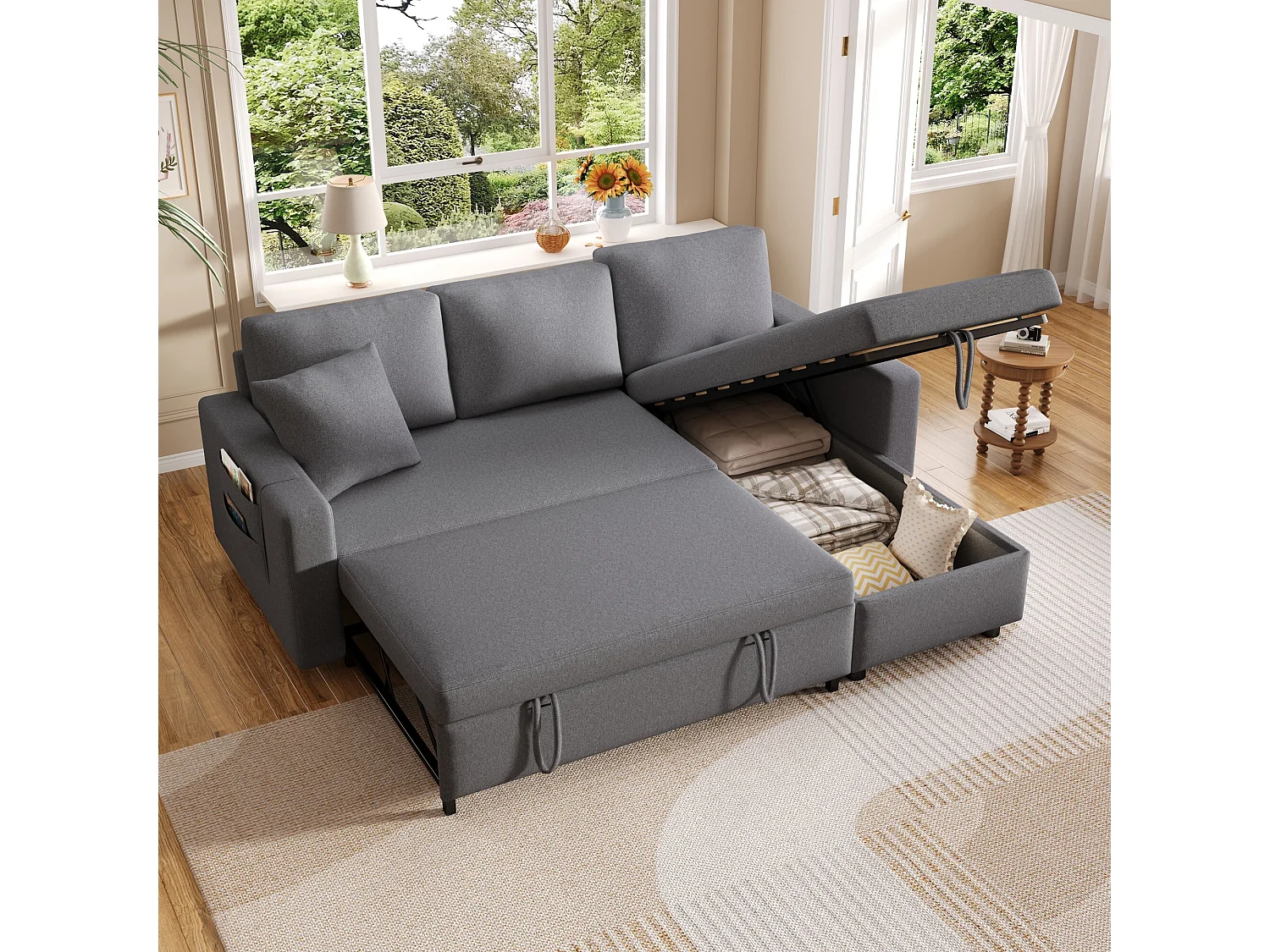 Canapé 3 places, canapé convertible avec rangement et poches latérales, structure en métal - lin gris foncé