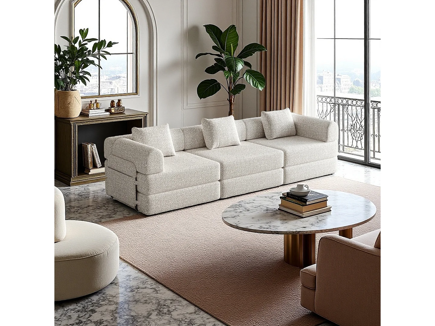 Divano a 3 posti, Divano trasformabile con braccioli e tasche laterali, struttura in metallo - Ciniglia kaki