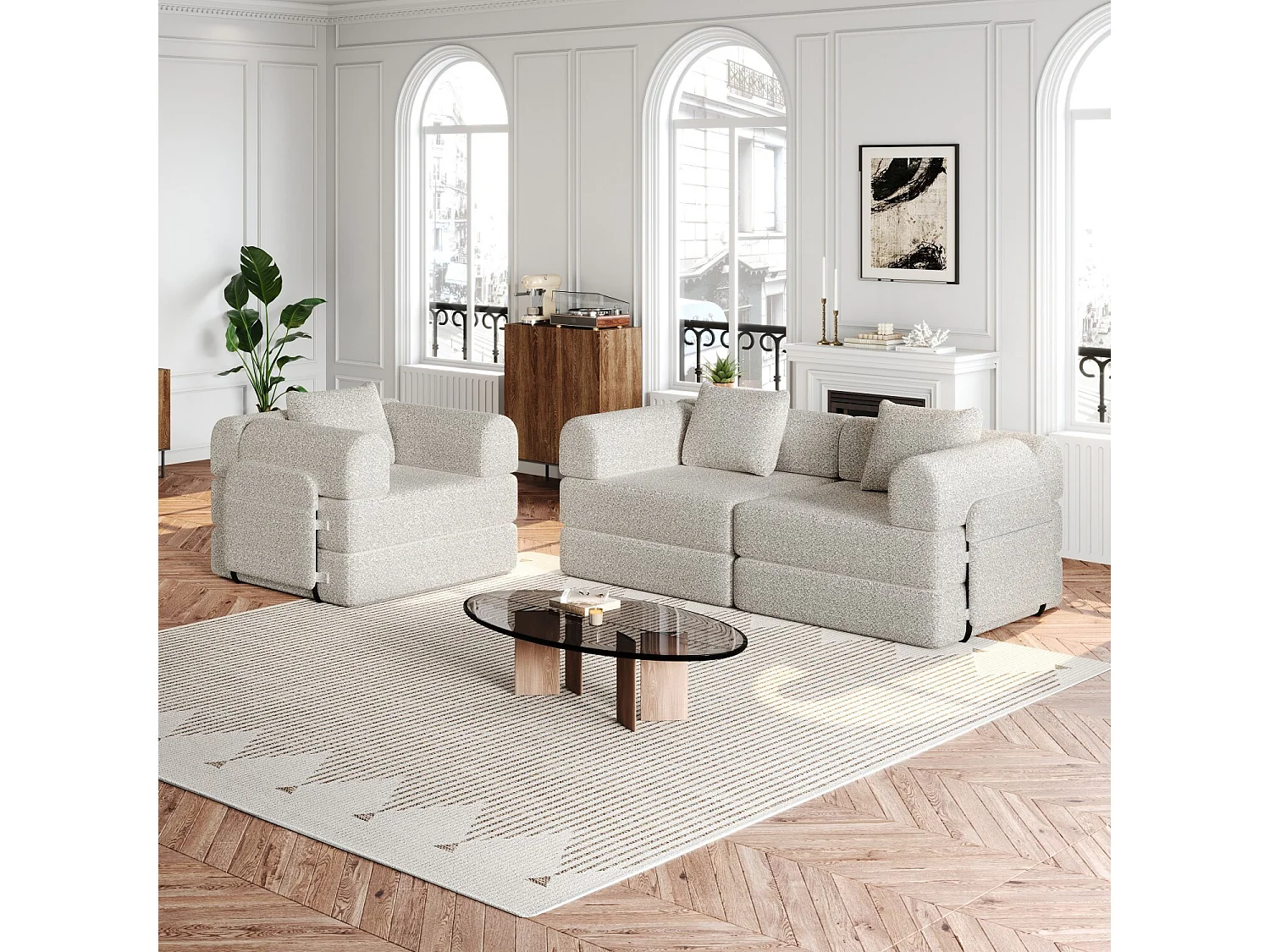 Canapé 3 places, Canapé convertible avec accoudoirs et poches latérales, structure en métal - Chenille kaki