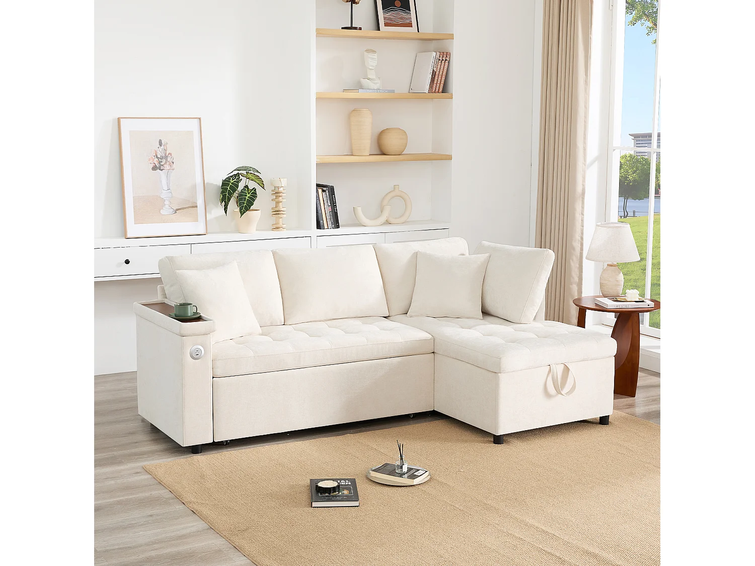 Canapé 3 places, Canapé convertible avec prises USB et rangement, dossier rembourré - Chenille beige