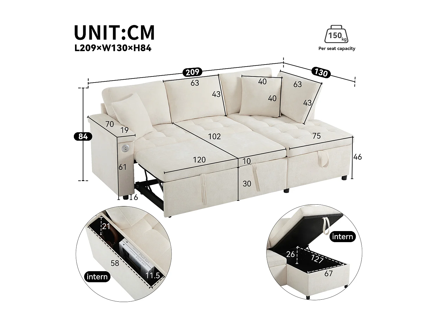 Canapé 3 places, Canapé convertible avec prises USB et rangement, dossier rembourré - Chenille beige