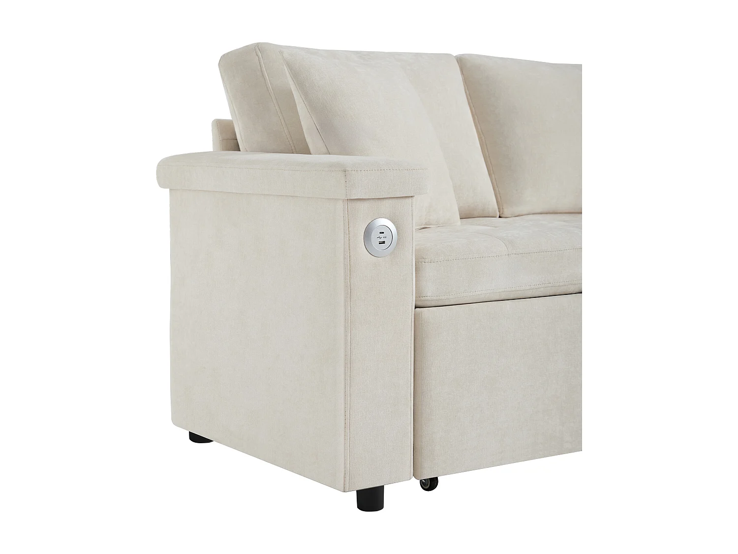 Canapé 3 places, Canapé convertible avec prises USB et rangement, dossier rembourré - Chenille beige