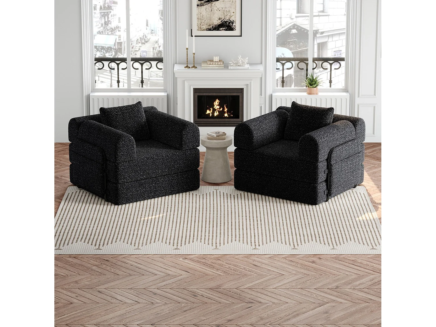 2-Sitzer-Sofa, Umwandelbares Sofa mit Armlehnen und Seitentaschen, Metallgestell – Schwarzer Chenille