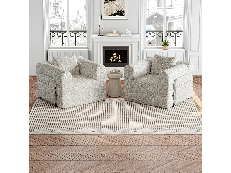 2-zitsbank, Omvormbare bank met armleuningen en zijzakken, metalen frame - Khaki chenille