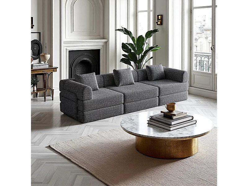 3-zitsbank, Omvormbare bank met armleuningen en zijzakken, metalen frame - Grijze chenille