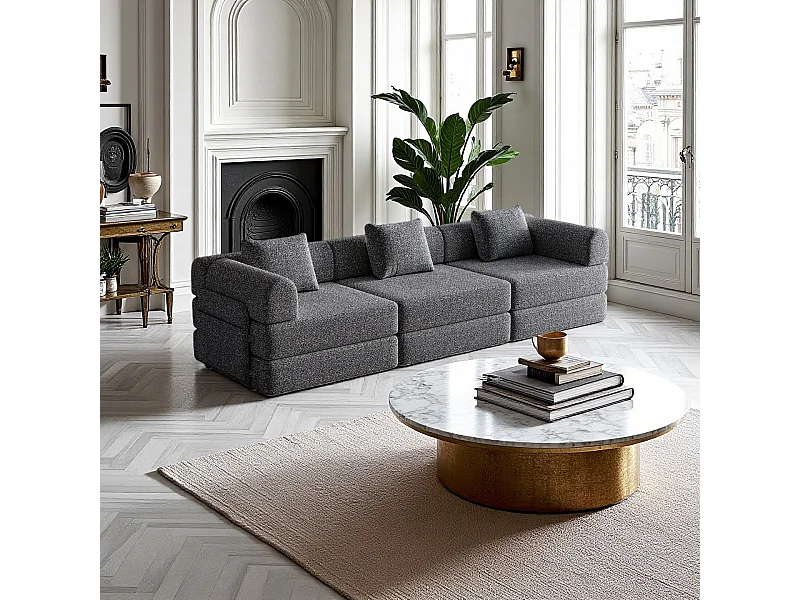 Canapé 3 places, Canapé convertible avec accoudoirs et poches latérales, structure en métal - Chenille grise