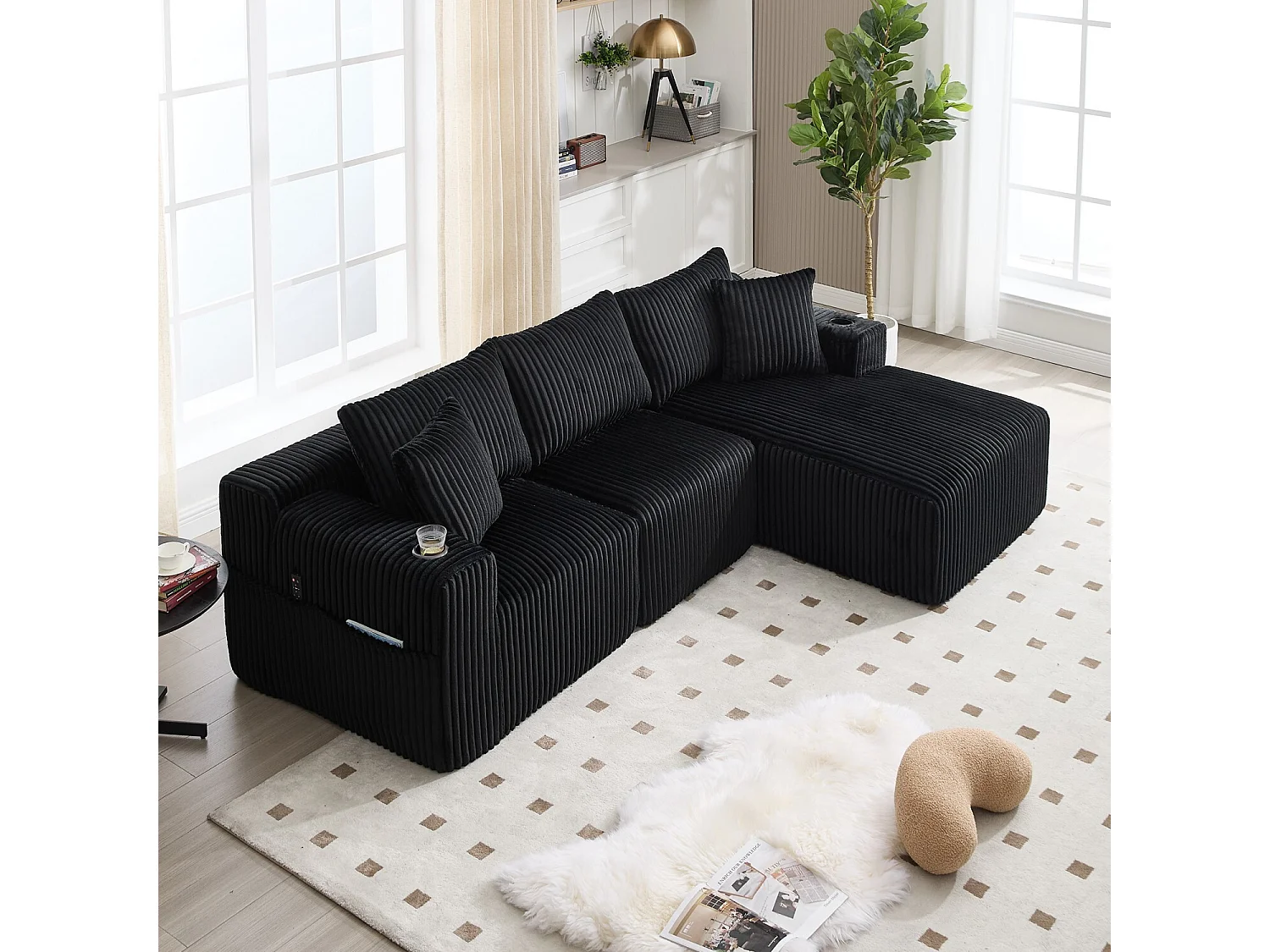 Sofá de 3 plazas, Sofá tapizado con bolsillos laterales y portavasos - Pana negro