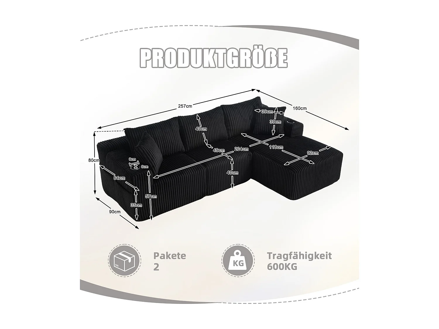 Sofá de 3 plazas, Sofá tapizado con bolsillos laterales y portavasos - Pana negro
