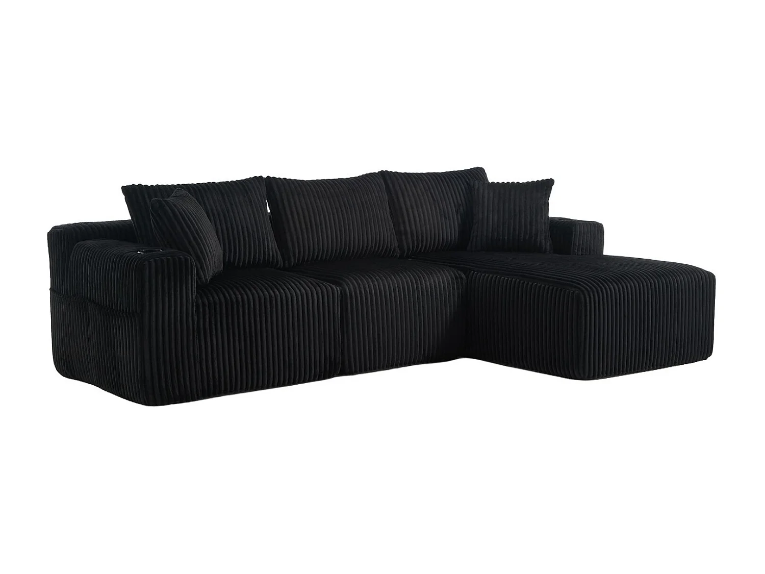 Sofá de 3 plazas, Sofá tapizado con bolsillos laterales y portavasos - Pana negro