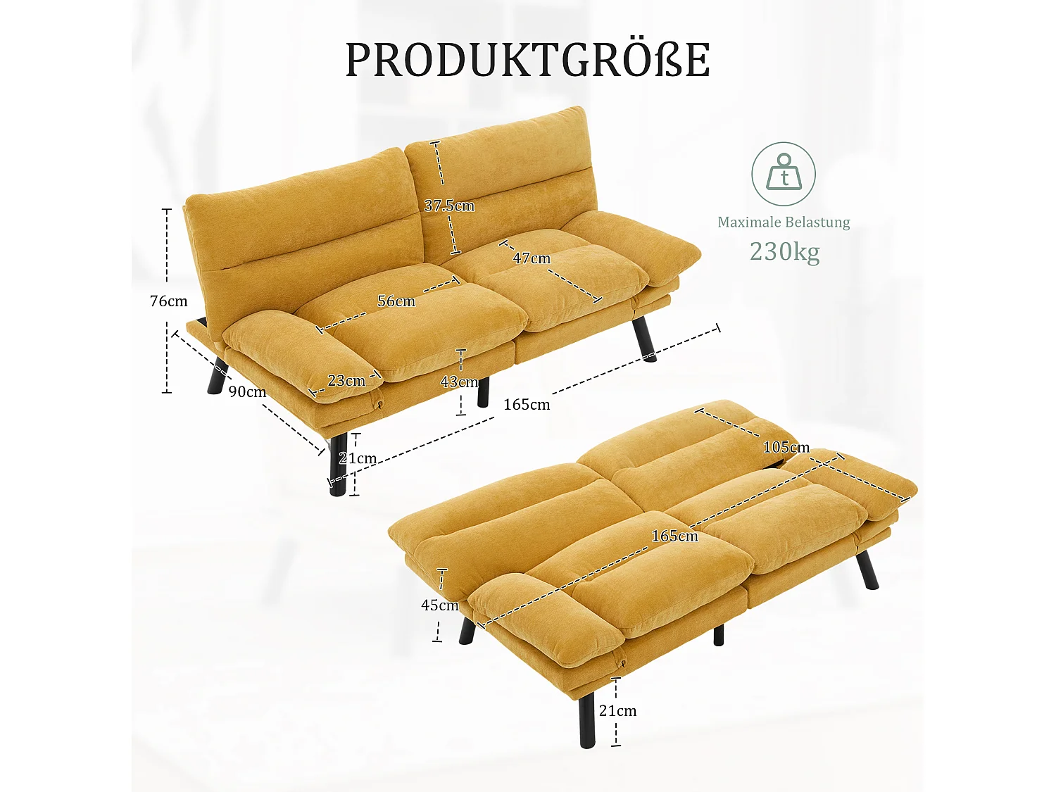 2-Sitzer-Sofa, Gepolstertes Sofa mit verstellbarer Rückenlehne und Armlehnen, Metallbeine - gelbe Chenille