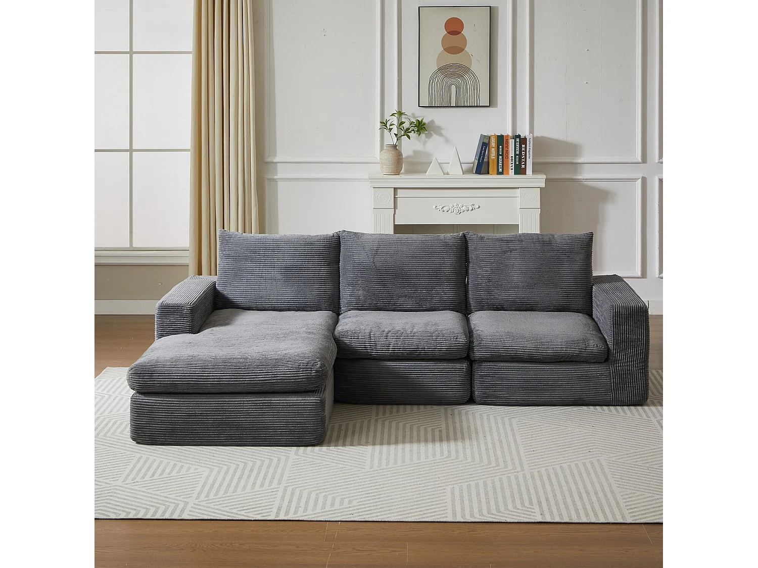 3-zitsbank, hoekbank met gewatteerde rugleuning en armleuningen - Donkergrijs corduroy