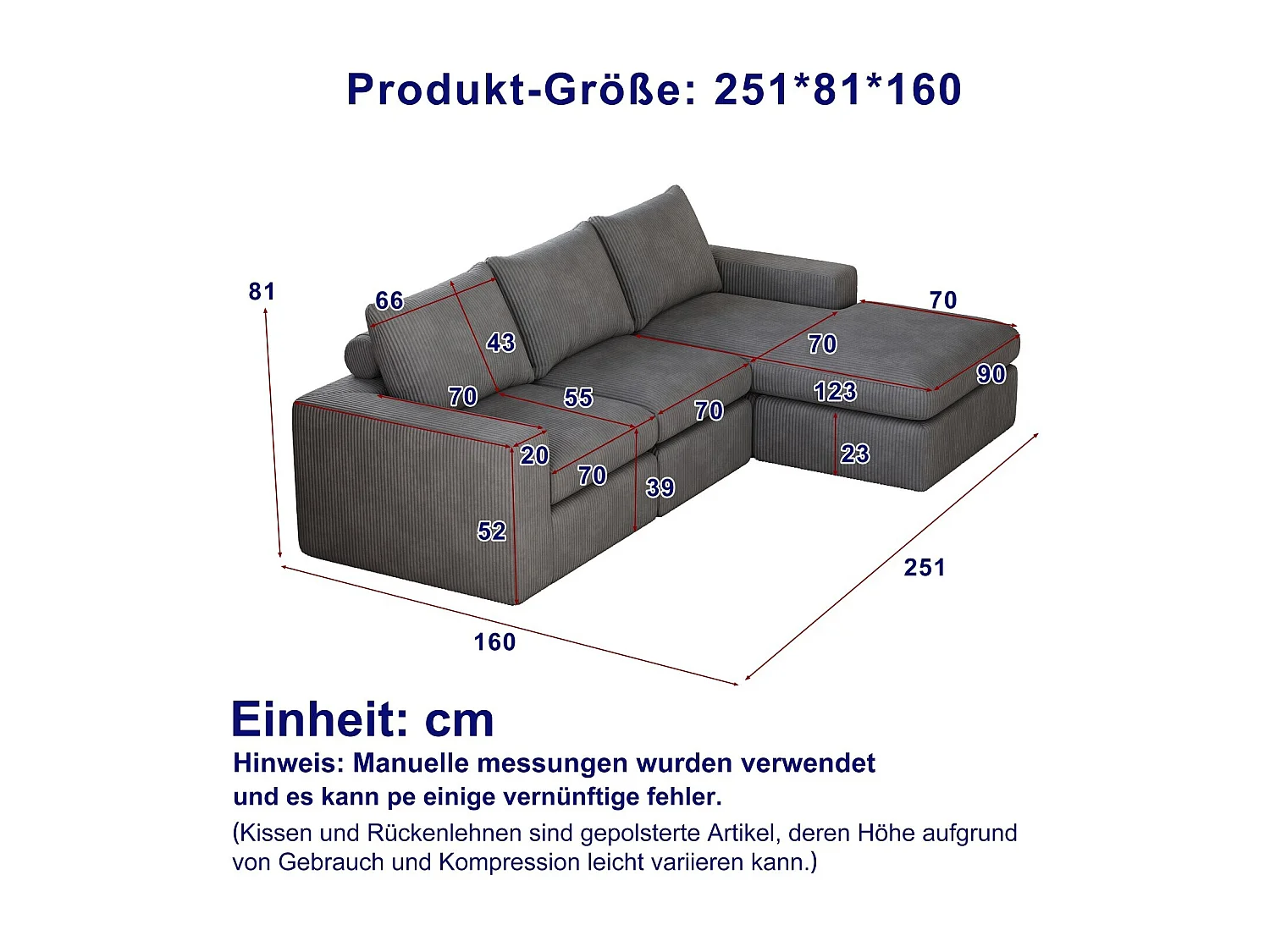 3-zitsbank, hoekbank met gewatteerde rugleuning en armleuningen - Donkergrijs corduroy