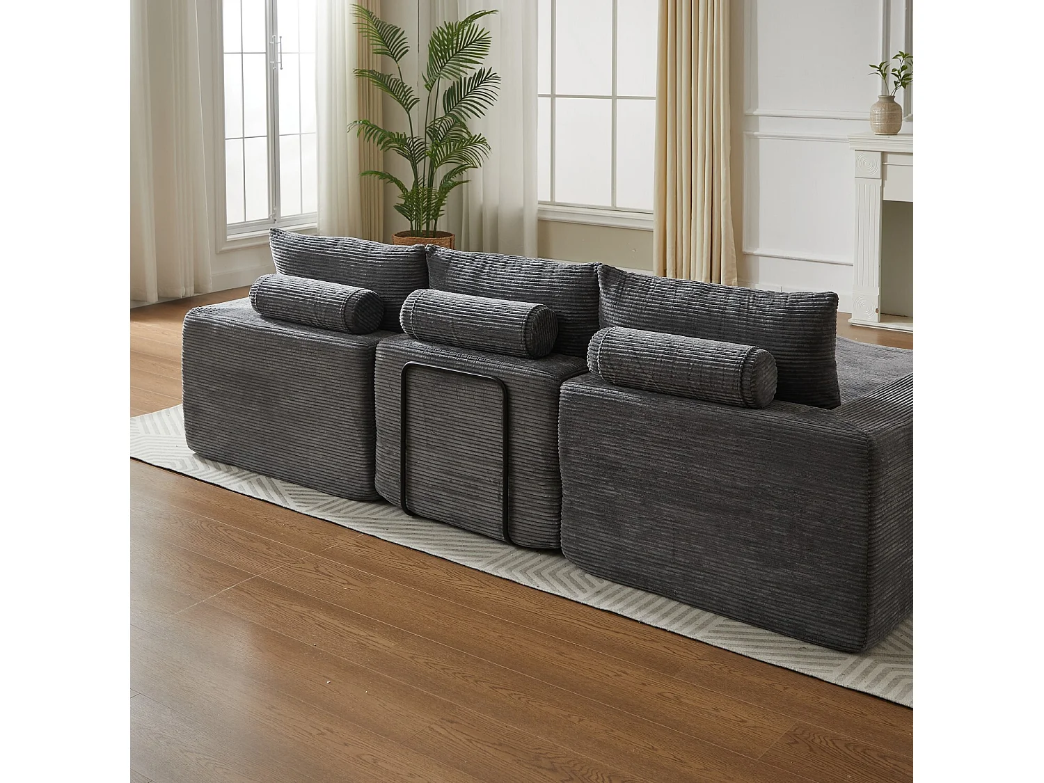 Canapé 3 places, canapé d'angle avec dossier et accoudoirs rembourrés - Velours côtelé gris foncé