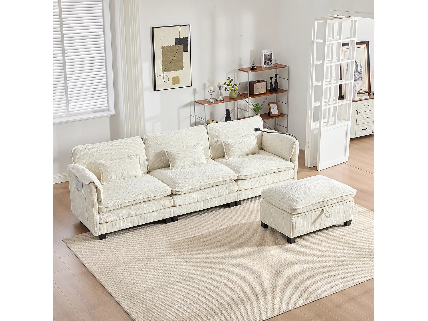 Sofá de 3 plazas, sofá esquinero con puerto USB, bolsillos laterales y soporte para teléfono - Chenilla beige