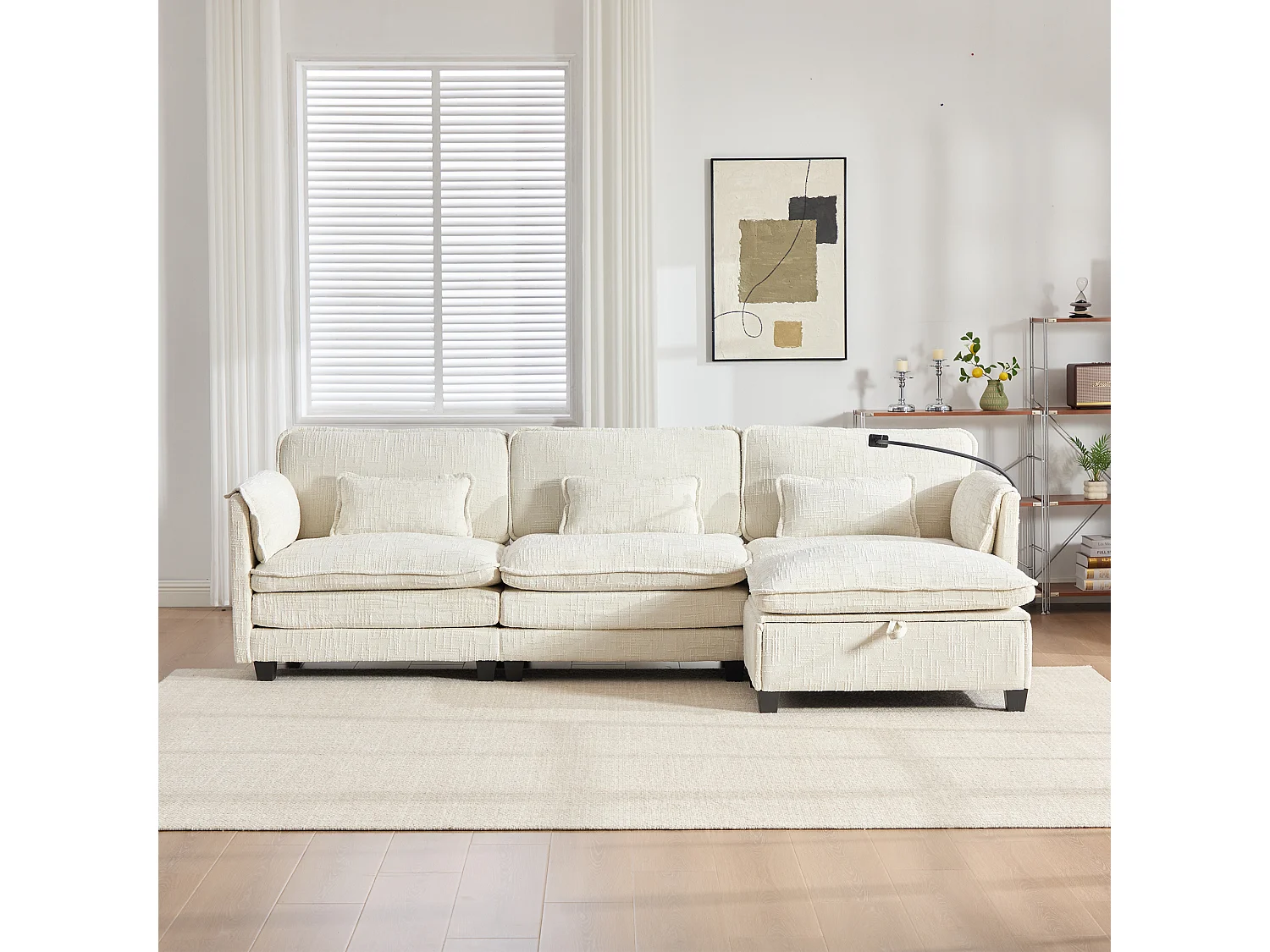 3-Sitzer-Sofa, Ecksofa mit USB-Anschluss, Seitentaschen und Handyhalterung – Beige-Chenille