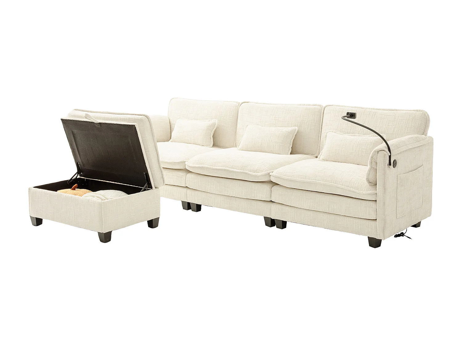 3-Sitzer-Sofa, Ecksofa mit USB-Anschluss, Seitentaschen und Handyhalterung – Beige-Chenille