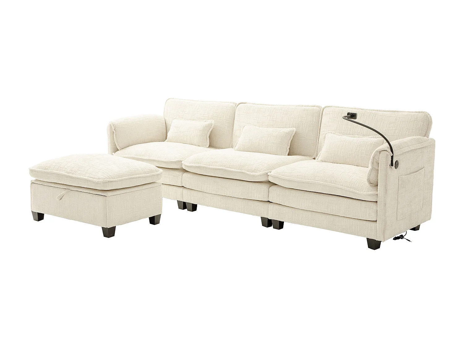 3-Sitzer-Sofa, Ecksofa mit USB-Anschluss, Seitentaschen und Handyhalterung – Beige-Chenille