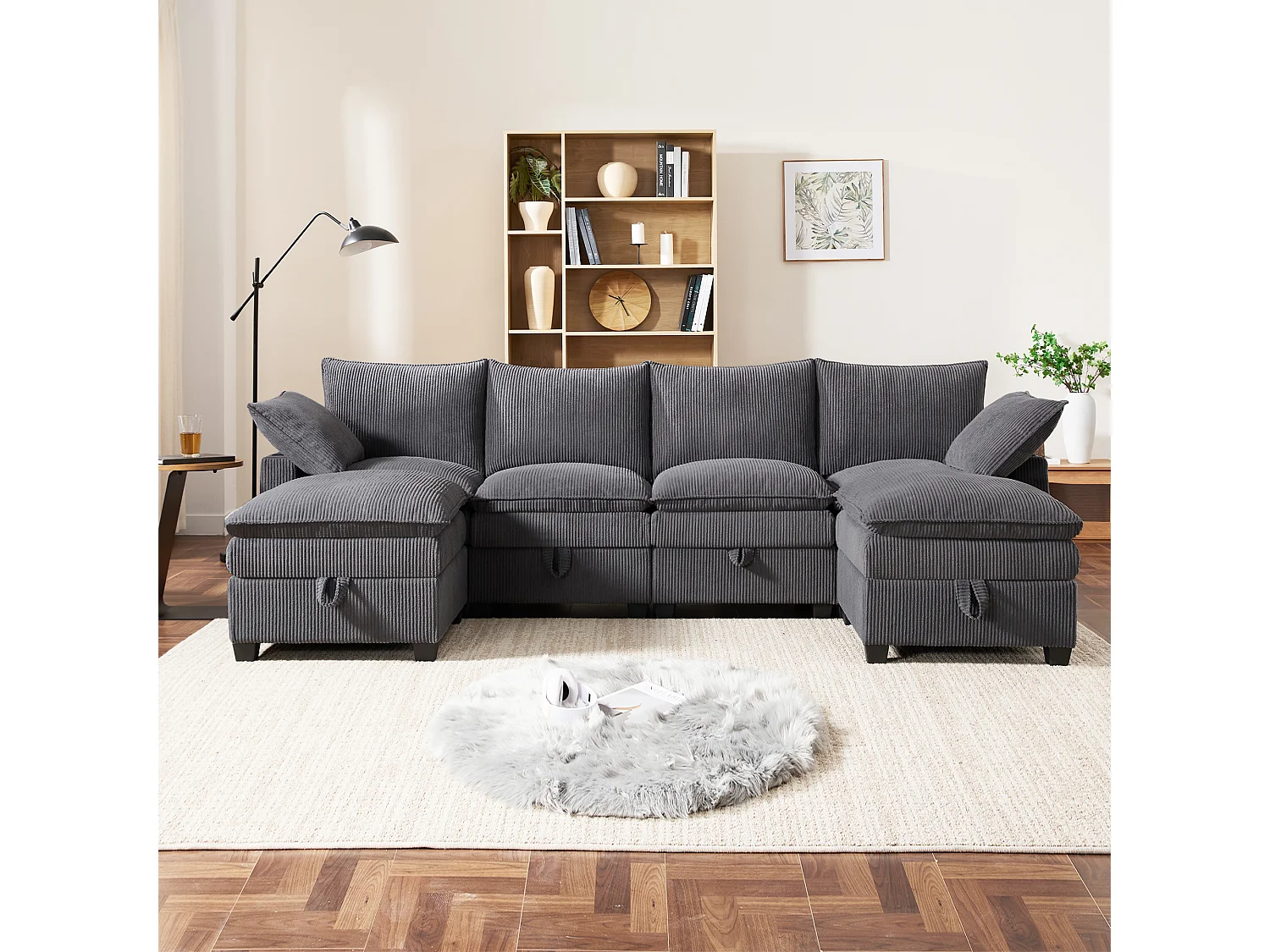 4-Sitzer-Sofa, Ecksofa mit Stauraum, Getränkehalter und USB-Anschluss – grauer Cord