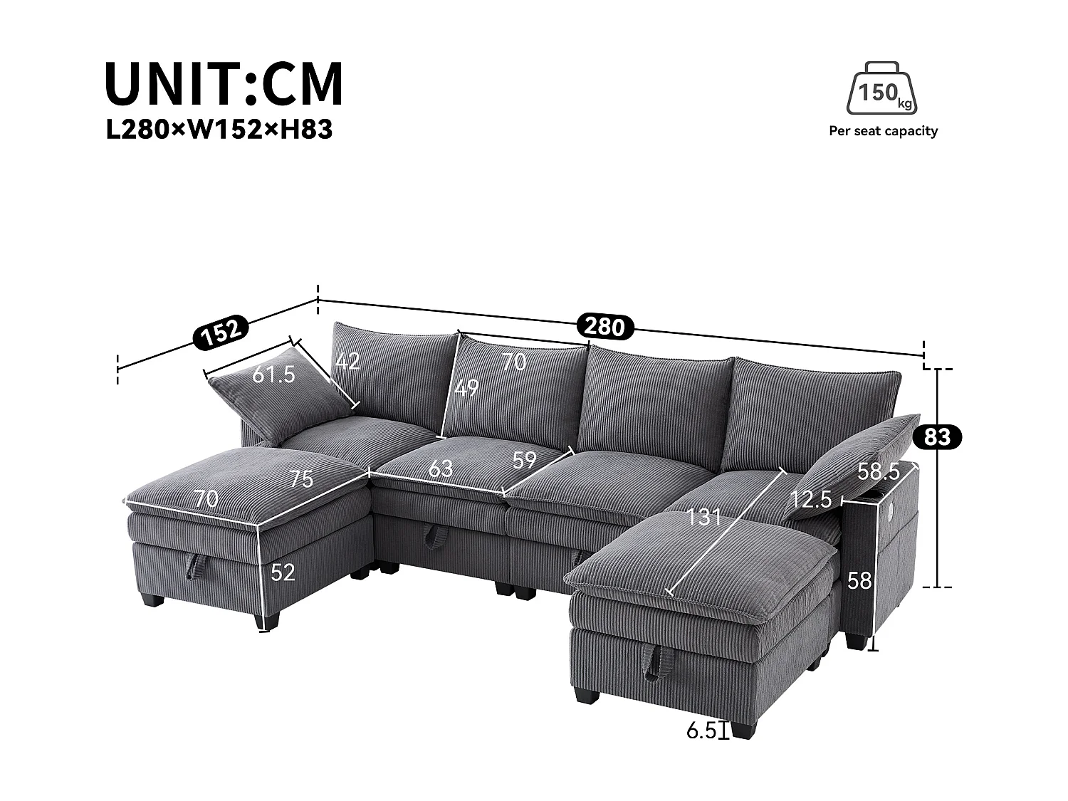 4-Sitzer-Sofa, Ecksofa mit Stauraum, Getränkehalter und USB-Anschluss – grauer Cord