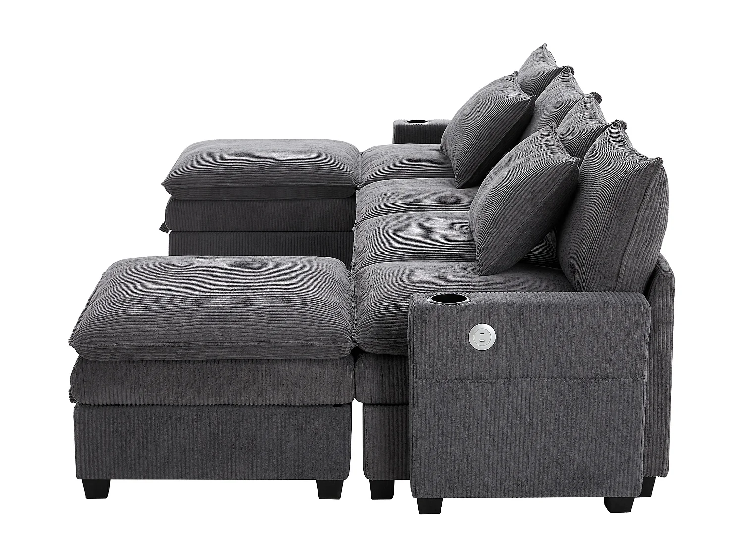 4-Sitzer-Sofa, Ecksofa mit Stauraum, Getränkehalter und USB-Anschluss – grauer Cord