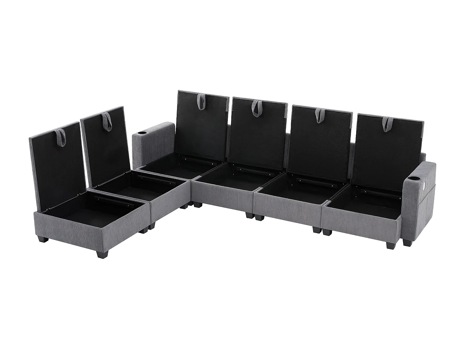 4-Sitzer-Sofa, Ecksofa mit Stauraum, Getränkehalter und USB-Anschluss – grauer Cord
