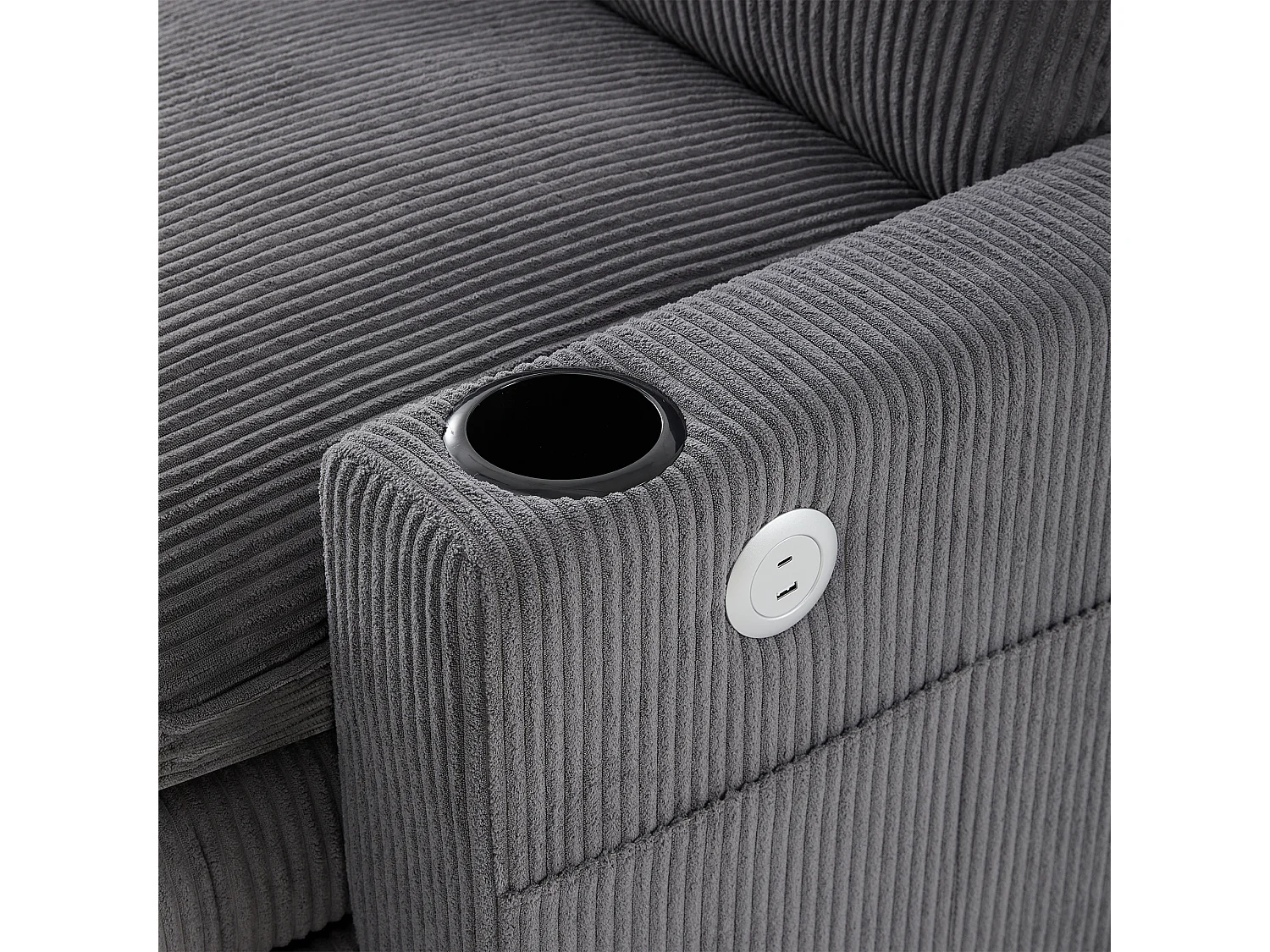 4-Sitzer-Sofa, Ecksofa mit Stauraum, Getränkehalter und USB-Anschluss – grauer Cord