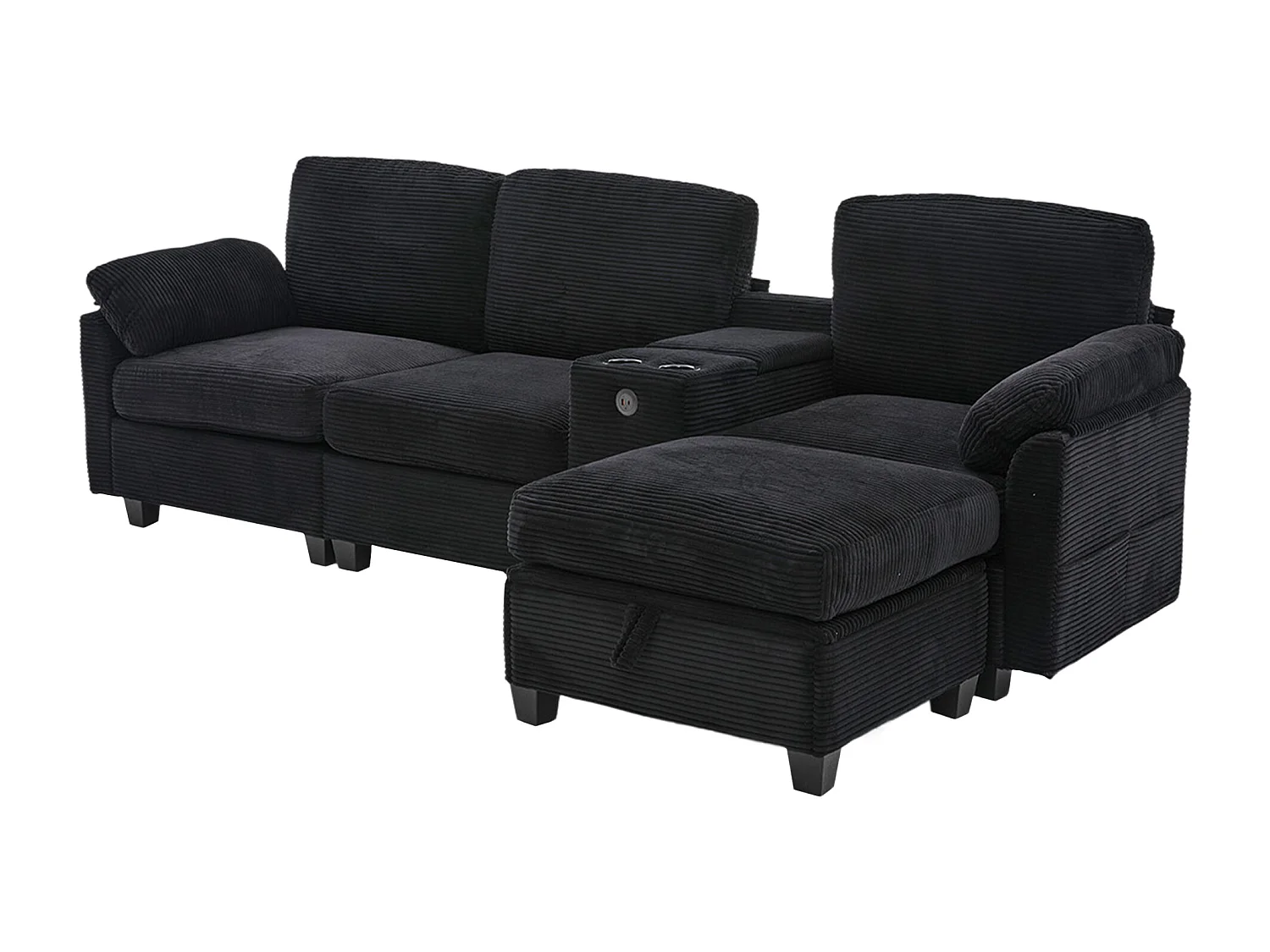 Sofá de 3 plazas, sofá de pana con otomana de almacenaje, cajones, 2 portavasos y puerto USB - negro
