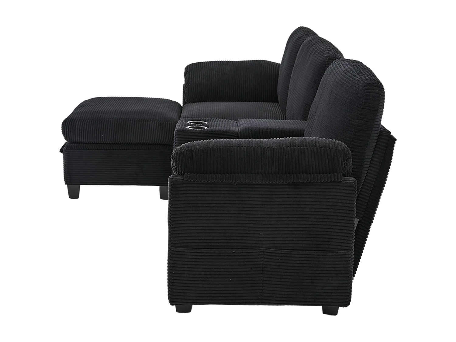 Sofá de 3 plazas, sofá de pana con otomana de almacenaje, cajones, 2 portavasos y puerto USB - negro