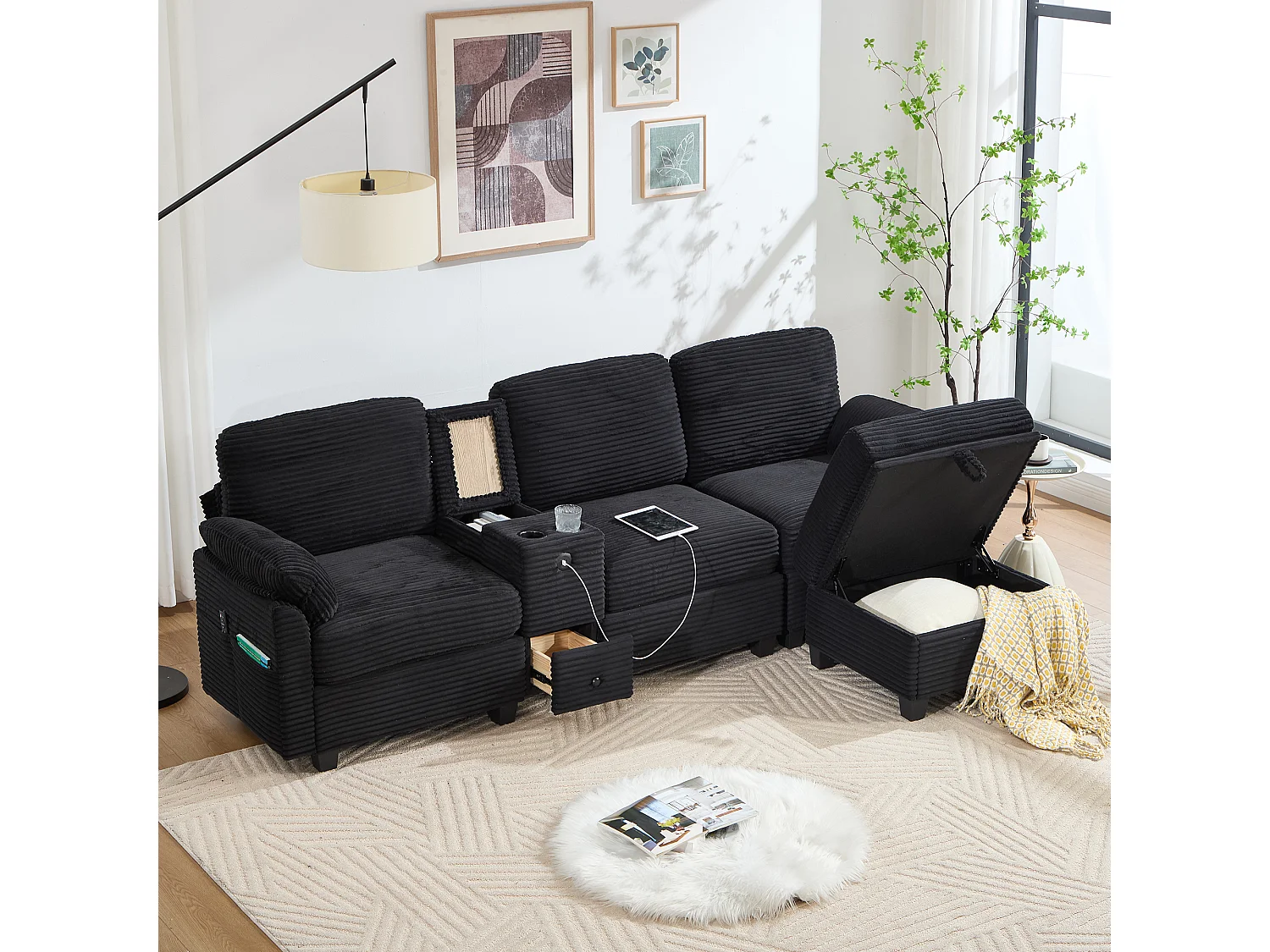 3-Sitzer-Sofa, cordsofa mit Stauraumhocker, Schubladen, 2 Getränkehaltern und USB-Anschluss – Schwarz