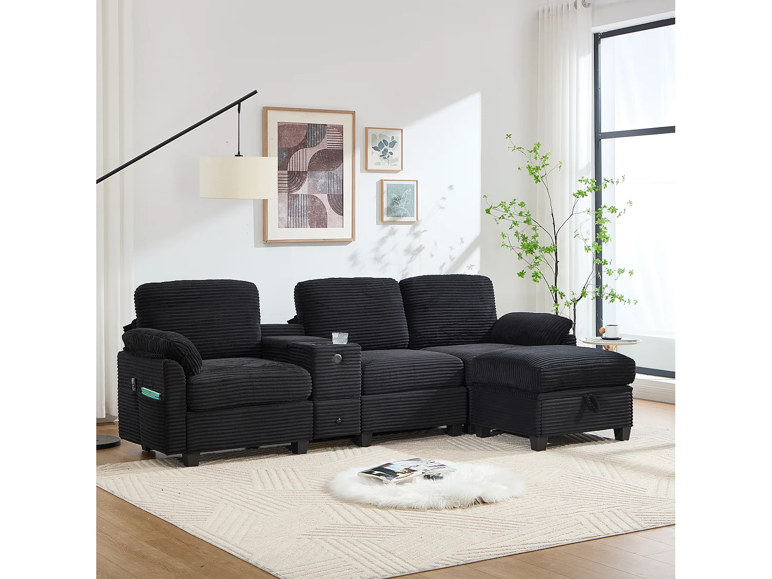 3-Sitzer-Sofa, cordsofa mit Stauraumhocker, Schubladen, 2 Getränkehaltern und USB-Anschluss – Schwarz