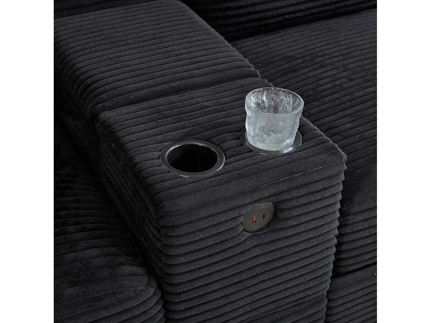 3-Sitzer-Sofa, cordsofa mit Stauraumhocker, Schubladen, 2 Getränkehaltern und USB-Anschluss – Schwarz