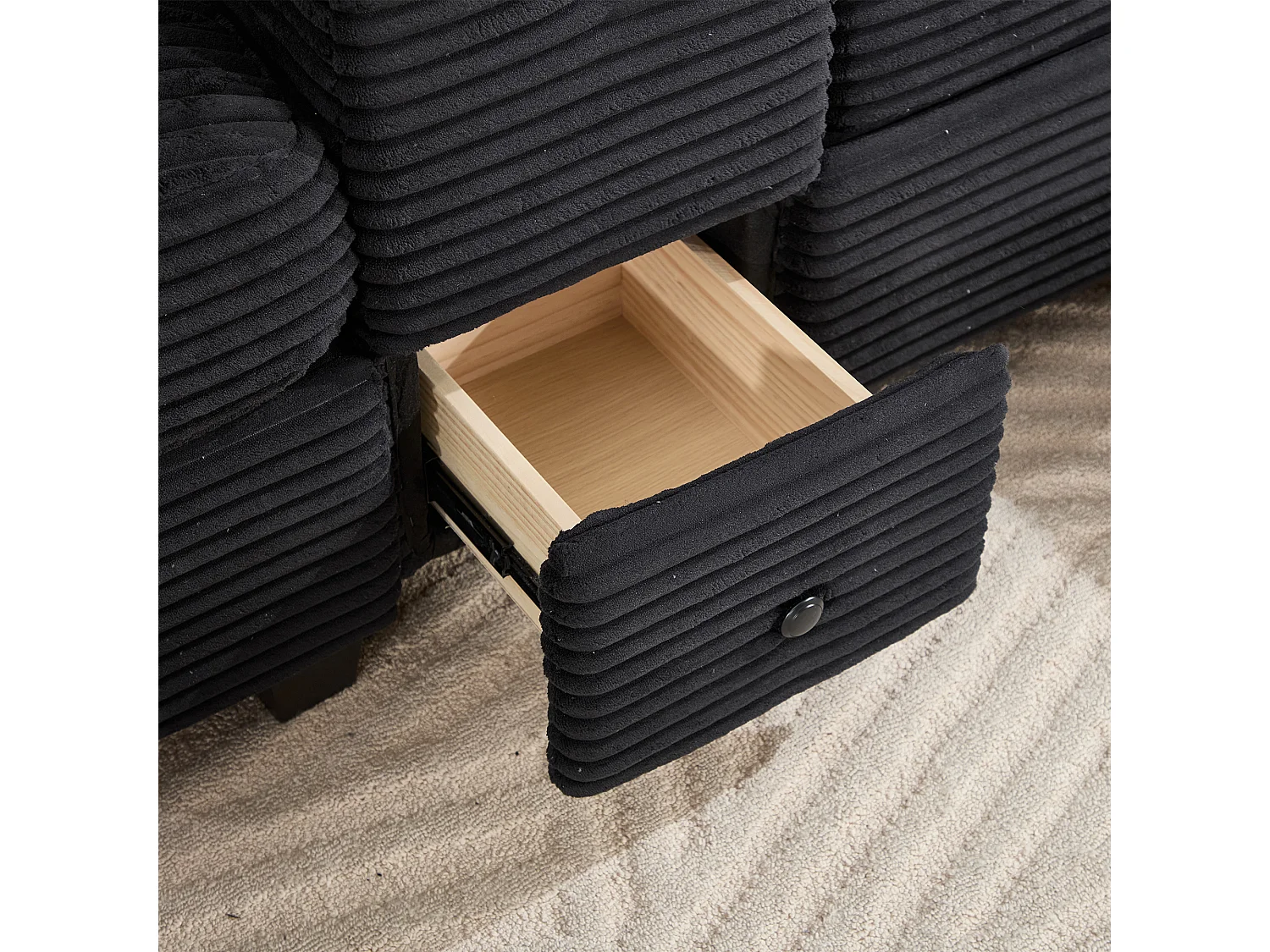 3-Sitzer-Sofa, cordsofa mit Stauraumhocker, Schubladen, 2 Getränkehaltern und USB-Anschluss – Schwarz