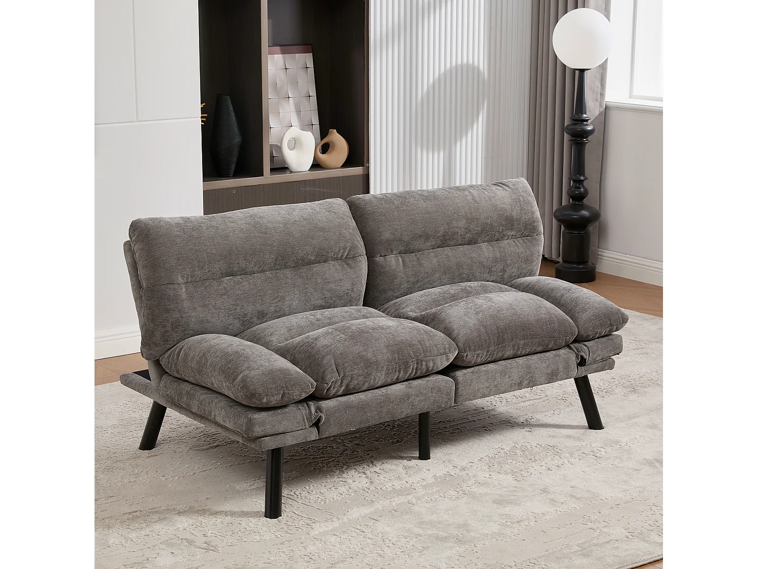 2-Sitzer-Sofa, Gepolstertes Sofa mit verstellbarer Rückenlehne und Armlehnen, Metallbeine - graue Chenille