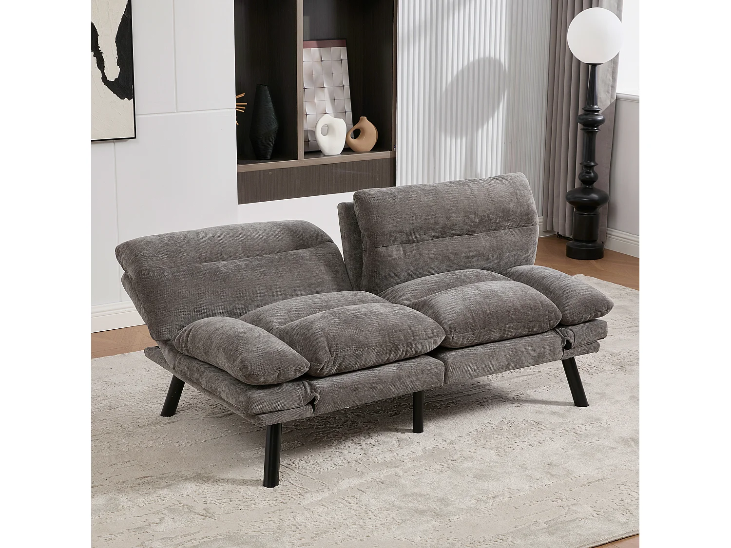 2-Sitzer-Sofa, Gepolstertes Sofa mit verstellbarer Rückenlehne und Armlehnen, Metallbeine - graue Chenille
