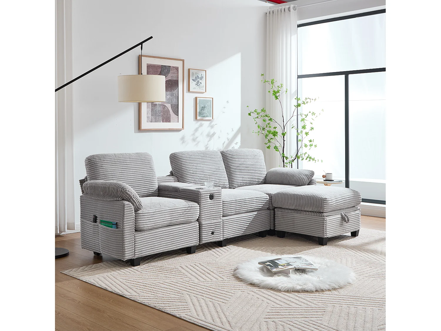 Canapé 3 places, canapé en velours côtelé  avec pouf de rangement, tiroirs, 2 porte-gobelets et port USB - gris clair