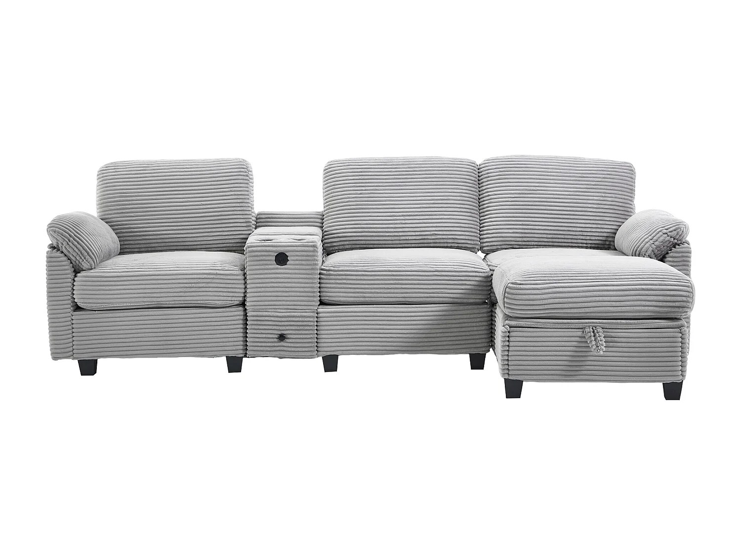 Canapé 3 places, canapé en velours côtelé  avec pouf de rangement, tiroirs, 2 porte-gobelets et port USB - gris clair