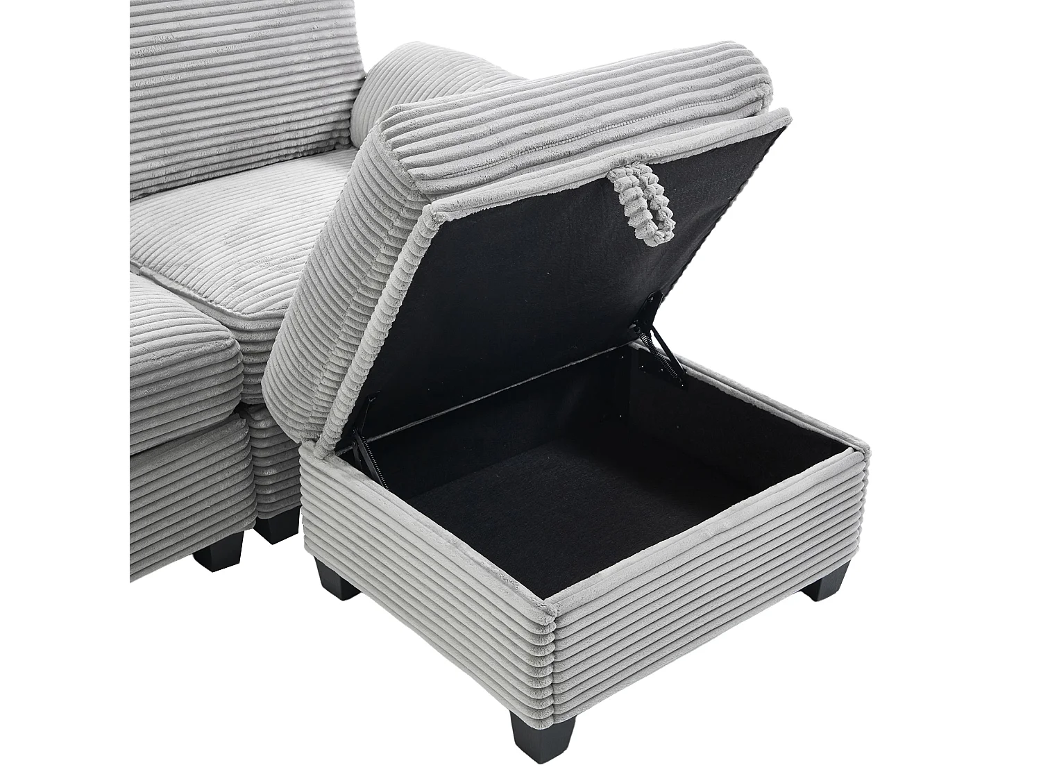 Canapé 3 places, canapé en velours côtelé  avec pouf de rangement, tiroirs, 2 porte-gobelets et port USB - gris clair