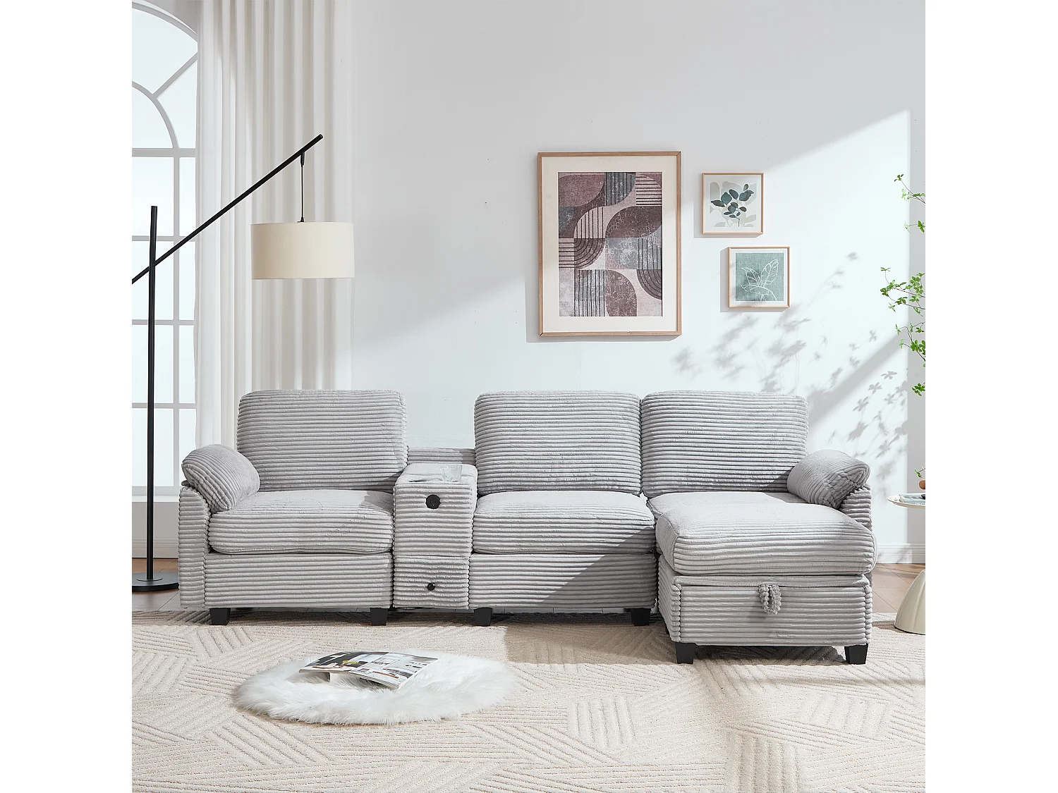 3-Sitzer-Sofa, cordsofa mit Stauraumhocker, Schubladen, 2 Getränkehaltern und USB-Anschluss – Hellgrau