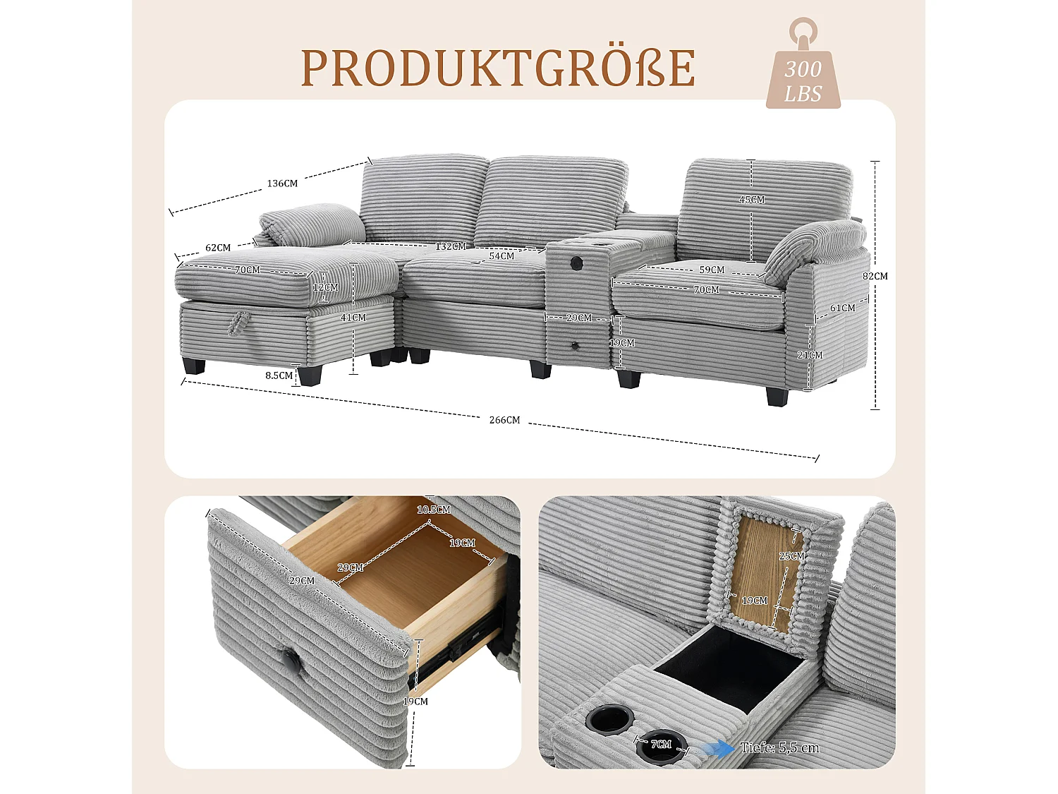 3-Sitzer-Sofa, cordsofa mit Stauraumhocker, Schubladen, 2 Getränkehaltern und USB-Anschluss – Hellgrau