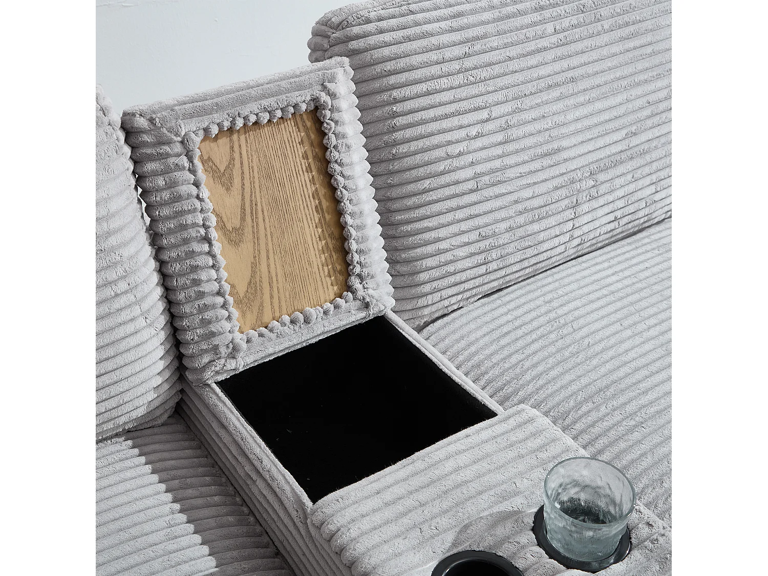 3-Sitzer-Sofa, cordsofa mit Stauraumhocker, Schubladen, 2 Getränkehaltern und USB-Anschluss – Hellgrau