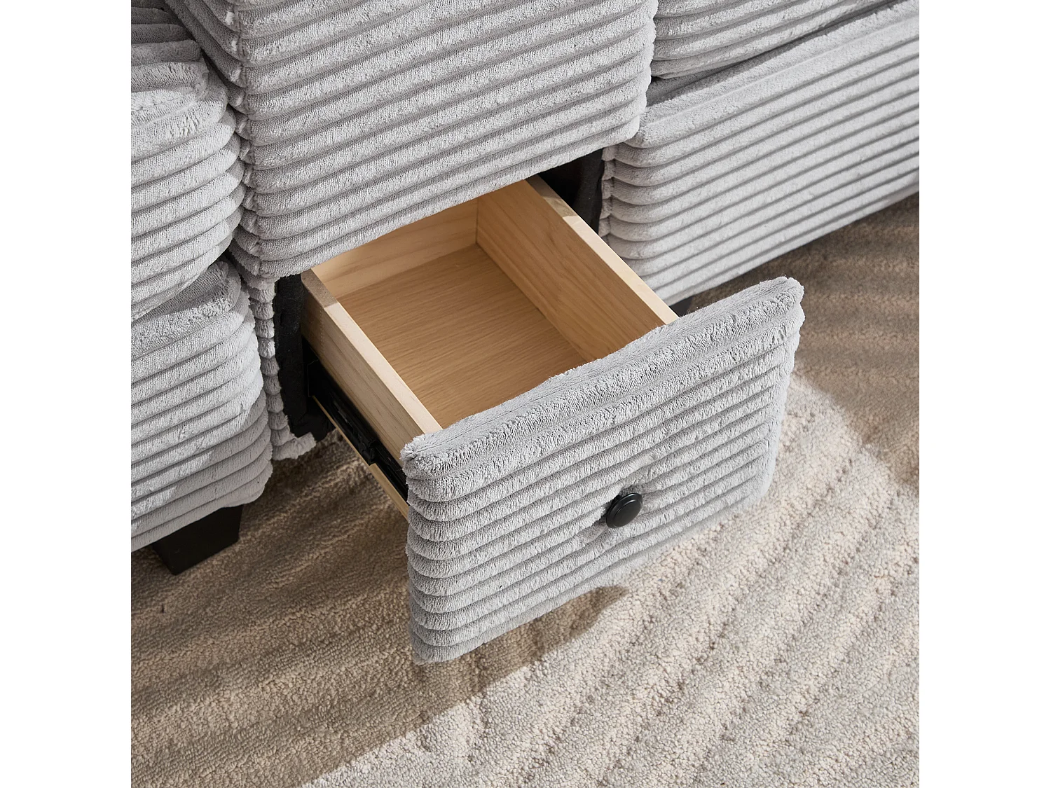 3-zitsbank, corduroy bank met opbergpoef, lades, 2 bekerhouders en USB-aansluiting - lichtgrijs