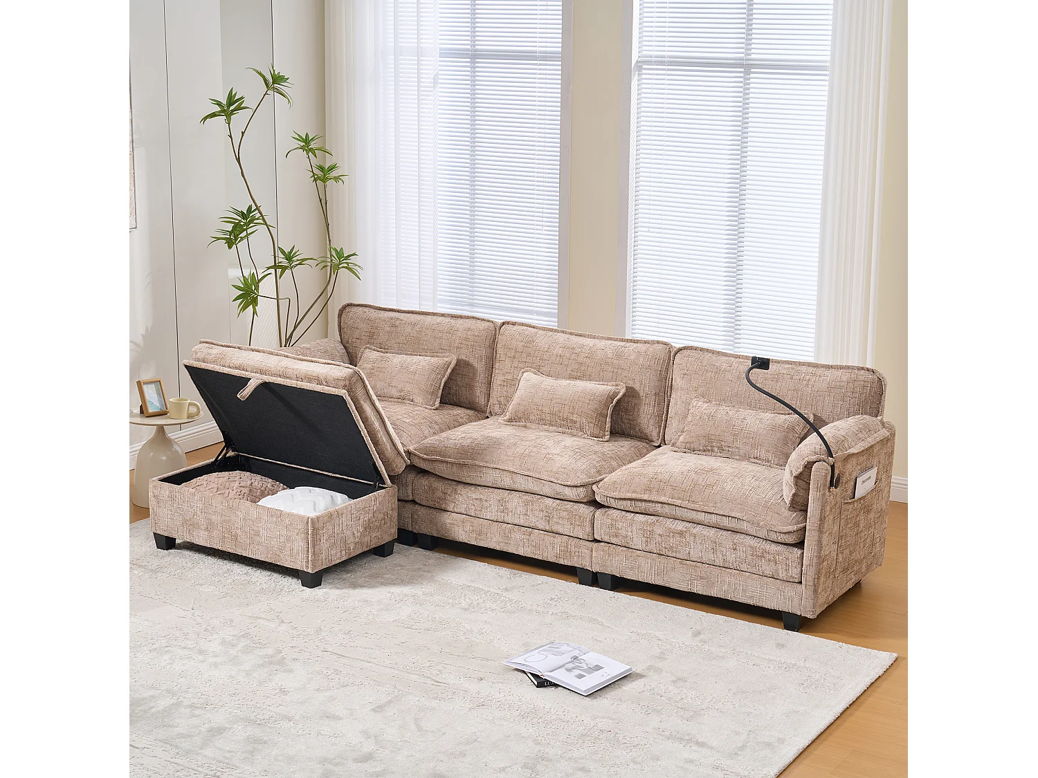 3-Sitzer-Sofa, Ecksofa mit USB-Anschluss, Seitentaschen und Handyhalterung – Khaki-Chenille