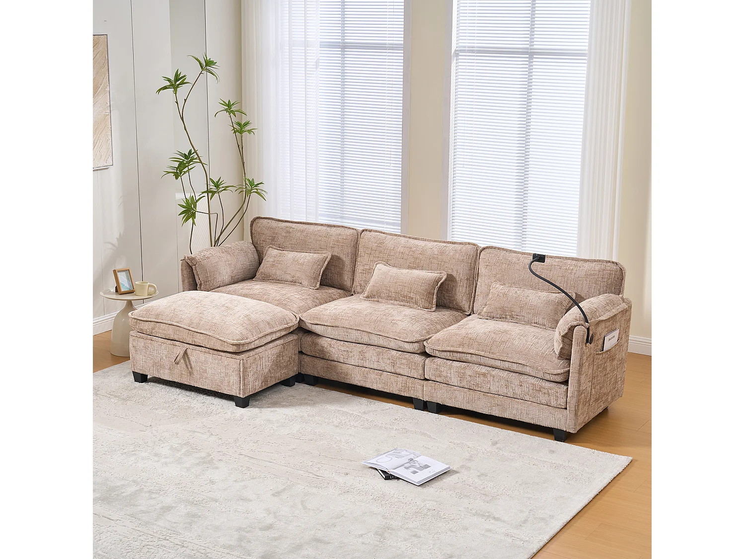 3-Sitzer-Sofa, Ecksofa mit USB-Anschluss, Seitentaschen und Handyhalterung – Khaki-Chenille