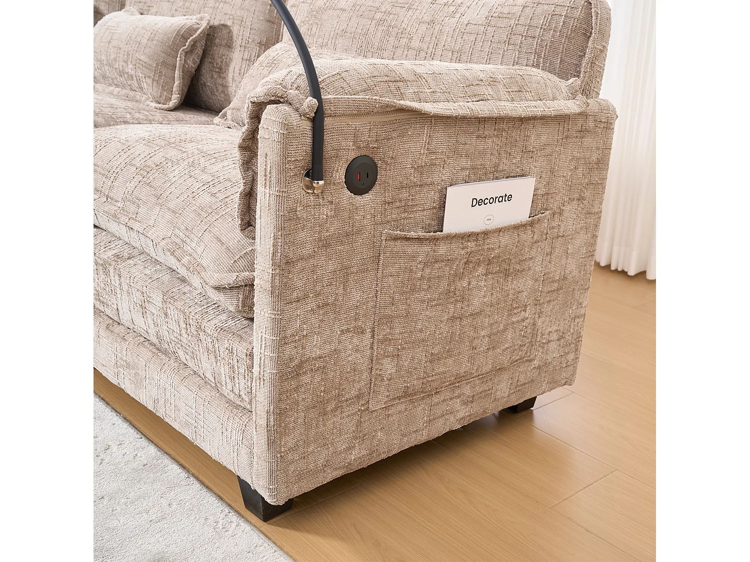 3-Sitzer-Sofa, Ecksofa mit USB-Anschluss, Seitentaschen und Handyhalterung – Khaki-Chenille