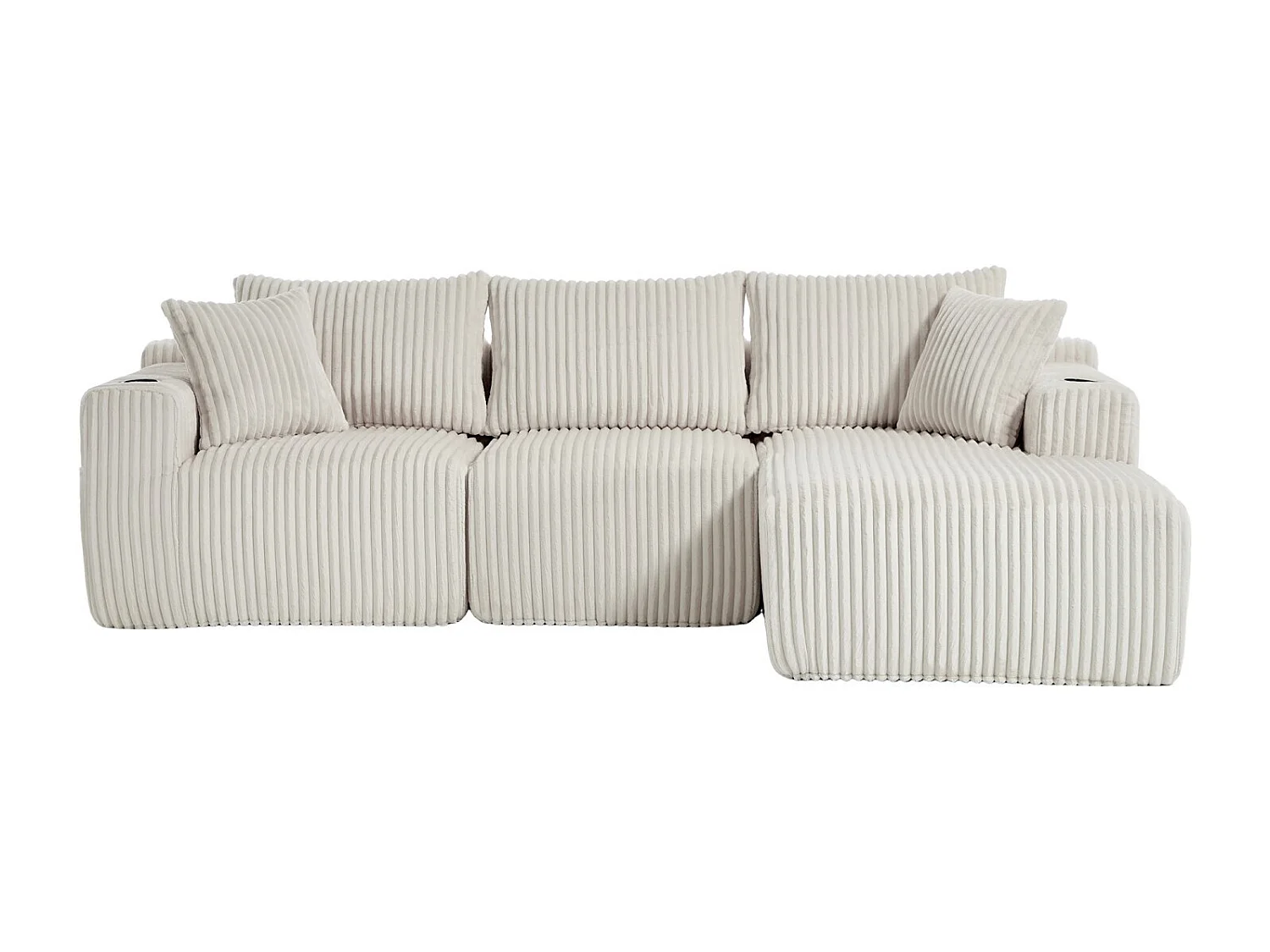 Canapé 3 places, Canapé rembourré avec poches latérales et porte-gobelets - Velours côtelé beige