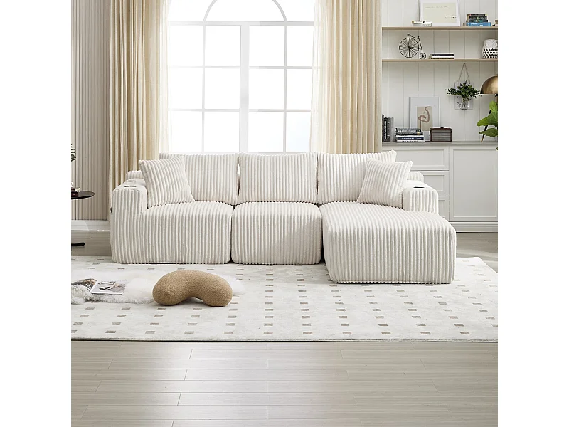 Canapé 3 places, Canapé rembourré avec poches latérales et porte-gobelets - Velours côtelé beige