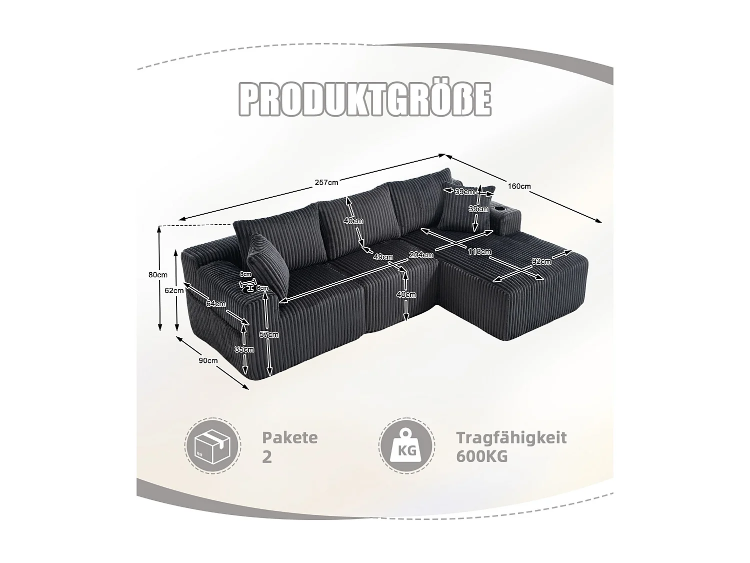 Sofá de 3 plazas, Sofá tapizado con bolsillos laterales y portavasos - Pana gris oscuro