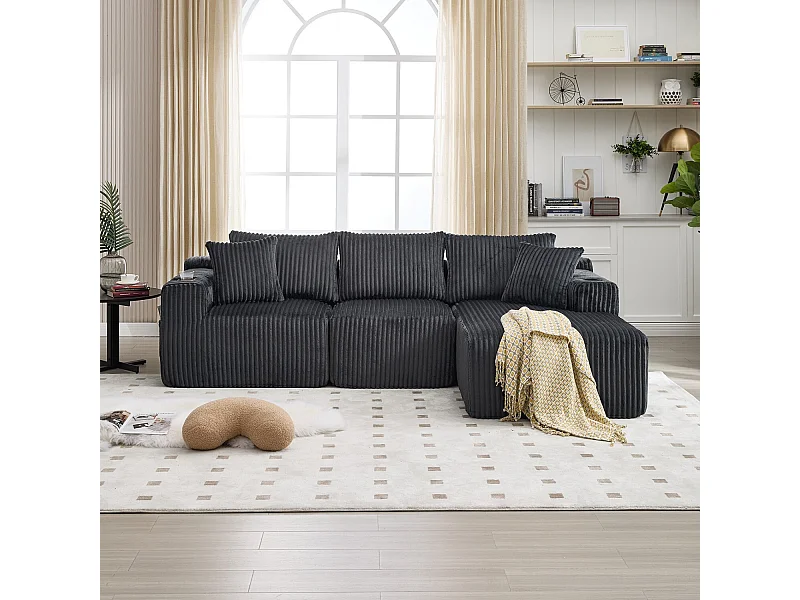 Canapé 3 places, Canapé rembourré avec poches latérales et porte-gobelets - Velours côtelé gris foncé