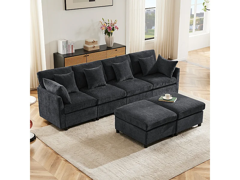 4-Sitzer-Sofa, Chenille-Sofa mit gepolsterter Rückenlehne und Armlehnen, beweglicher Fußstütze – Dunkelgrau