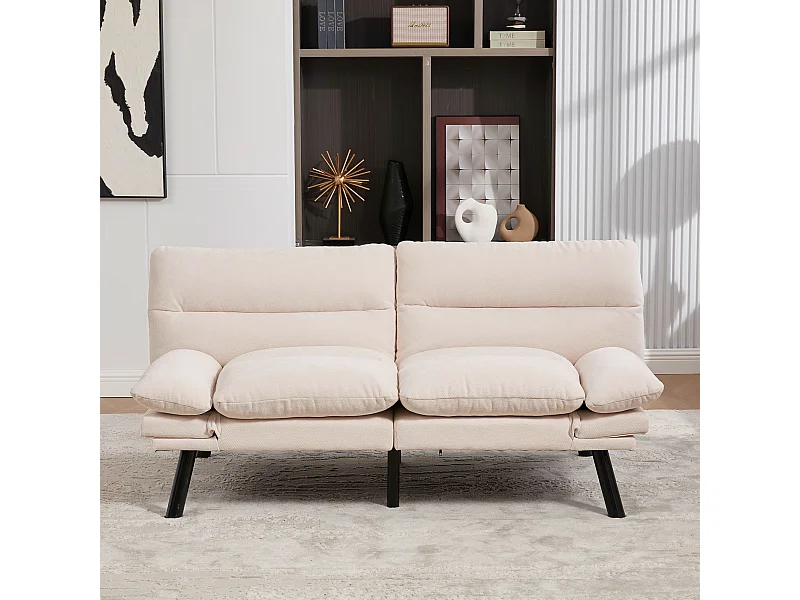 2-Sitzer-Sofa, Gepolstertes Sofa mit verstellbarer Rückenlehne und Armlehnen, Metallbeine - beige Chenille